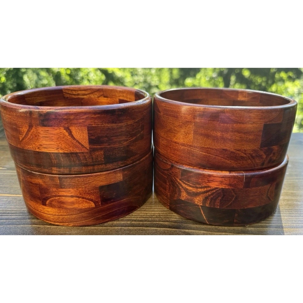 Set‎ of 4 Wood Salad Bowls 6" Round Serving Bowls Brown Hardwood Tableware